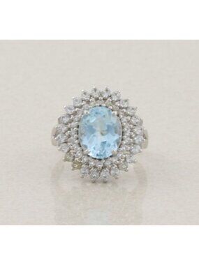Sterling Silver Natural Sky Blue Topaz and White Topaz Halo Ring Size 7 1/4
